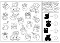 Christmas black and white I spy and shadow match game for kids. Searching and counting line activity with cute kawaii winter Royalty Free Stock Photo