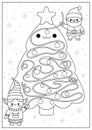 Christmas black and white maze for kids. Winter holiday preschool printable activity with cute kawaii Santa Claus and elf