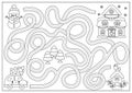 Christmas black and white maze for kids. Winter line holiday preschool printable activity with cute kawaii car, tree, decorated Royalty Free Stock Photo