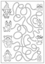 Christmas black and white maze for kids. Winter line holiday preschool printable activity with cute kawaii elf, bear, deer,