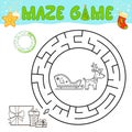 Christmas black and white maze puzzle game for children. Outline circle maze or labyrinth game with Christmas sled