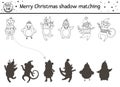 Christmas black and white shadow matching activity for children. Winter coloring page with cute animals. New Year educational game