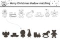 Christmas black and white shadow matching activity for children. Winter coloring page with cute toys. Educational game for kids