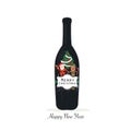 Christmas black wine bottle with Santa Claus, deer and tree vector greeting card Royalty Free Stock Photo
