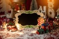 Christmas blackboard with copy space surrounded by Christmas decorations. Christmas concept