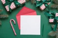 Christmas blank for letter to Santa on green. Invitation. Space for wishes. Top view Royalty Free Stock Photo