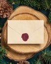 Christmas blank sealed envelope on wooden piece between fir branches and pine cones on green top view