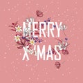 Christmas blooming. Decorative typo of flowers. Holiday garland; festive clip art isolated on light pink background.