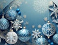 Christmas blue background with decoration balls snowflakes in handpainted style with 3D efffect