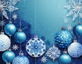 Christmas blue background with decoration balls snowflakes in handpainted style with 3D efffect