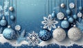 Christmas blue background with decoration balls snowflakes in handpainted style with 3D efffect