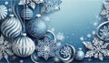 Christmas blue background with decoration balls snowflakes in handpainted style with 3D efffect