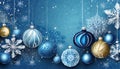 Christmas blue background with decoration balls snowflakes in handpainted style with 3D efffect