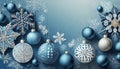 Christmas blue background with decoration balls snowflakes in handpainted style with 3D efffect