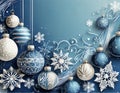 Christmas blue background with decoration balls snowflakes in handpainted style with 3D efffect