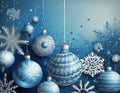 Christmas blue background with decoration balls snowflakes in handpainted style with 3D efffect