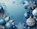 Christmas blue background with decoration balls snowflakes in handpainted style with 3D efffect