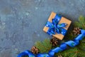 Christmas blue background with gift boxes and xmas tree. Royalty Free Stock Photo