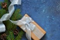 Christmas blue background with gift boxes and xmas tretm Royalty Free Stock Photo