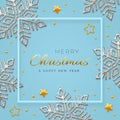 Christmas blue background with shining silver snowflakes, gold stars and beads. Merry christmas greeting card. Holiday Xmas and Royalty Free Stock Photo