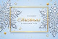 Christmas blue background with shining snowflakes, gold stars and beads. Merry christmas greeting card. Holiday Xmas and New Year Royalty Free Stock Photo