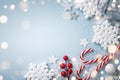 Christmas blue background. White snowflakes and holiday decoration top view. Happy New Year card