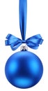Christmas blue ball on the festive ribbon.