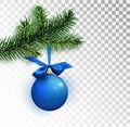 Christmas blue ball hanging on fir branches. Isolated on transparent backdrop Royalty Free Stock Photo