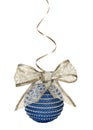 Christmas blue ball and silver ribbon bow Royalty Free Stock Photo