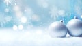 Christmas blue balls. Celebration decoration, Christmas blurred background with snow. Close-up. Banner. Royalty Free Stock Photo