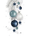 Christmas blue balls decoration with fir tree, ribbon, stars, confetti hanging isolated on white background. Xmas holidays. Royalty Free Stock Photo