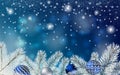 Christmas blue banner with Stardust sparks, fir branches and balls