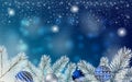 Christmas blue banner with Stardust sparks, fir branches and balls