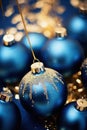 Christmas blue baubles close up. Abstract holiday decor background Royalty Free Stock Photo