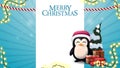 Christmas blue blank template for postcard or discount with white stripe for text, penguin in Santa Claus hat with presents. Royalty Free Stock Photo