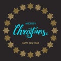 Christmas blue lettering with gold snowflakes on black back Royalty Free Stock Photo
