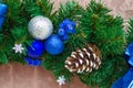 Christmas blue ribbon on green New Year tree branch