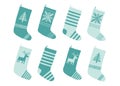 Christmas blue stockings. Stylized winter socks. Set of decorative Christmas stockings with ornaments. Merry Christmas