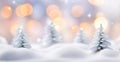 Christmas blurred background with snowy fir trees and garland lights. New Year, winter holidays banner for design. Royalty Free Stock Photo