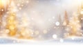 Christmas blurred background with snowy fir trees and garland lights. New Year, winter holidays banner for design. Royalty Free Stock Photo
