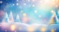 Christmas blurred light blue background with snowy fir trees,snowfall and garland lights. New Year, winter holidays banner Royalty Free Stock Photo