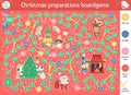 Christmas board game for children with cute animals and Santa Claus. Educational boardgame with fir tree, chimney, cookies.