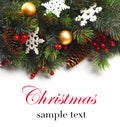 Christmas boarder with fir tree branch with cones and ornament. Christmas baubles in golden and red colour. Royalty Free Stock Photo