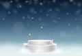 Christmas bokeh falling snow with podium or showcase to place products isolate on blue background for New Year, Birthdays,