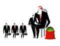 Christmas bonus. Boss Santa Claus congratulates workers. Red bag