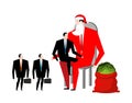 Christmas bonus. Boss Santa Claus congratulates workers. Red bag