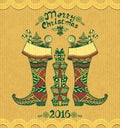 Christmas Boots with gifts in Zen-doodle style on grunge beige background