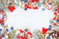 Christmas border background with snow and decorations. Xmas wint