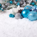 Christmas border with baubles and gifts on the snow square Royalty Free Stock Photo