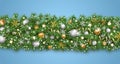 Christmas border decoration and happy New Year garland. Christmas tree branches with snow decorated golden, silver baubles and